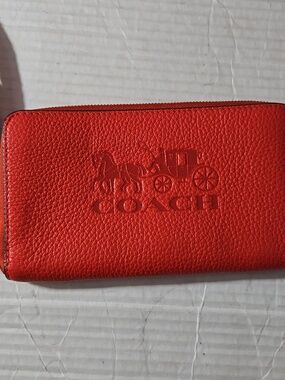 Coach Red Pebbled Leather Zip Wallet with Embossed Logo